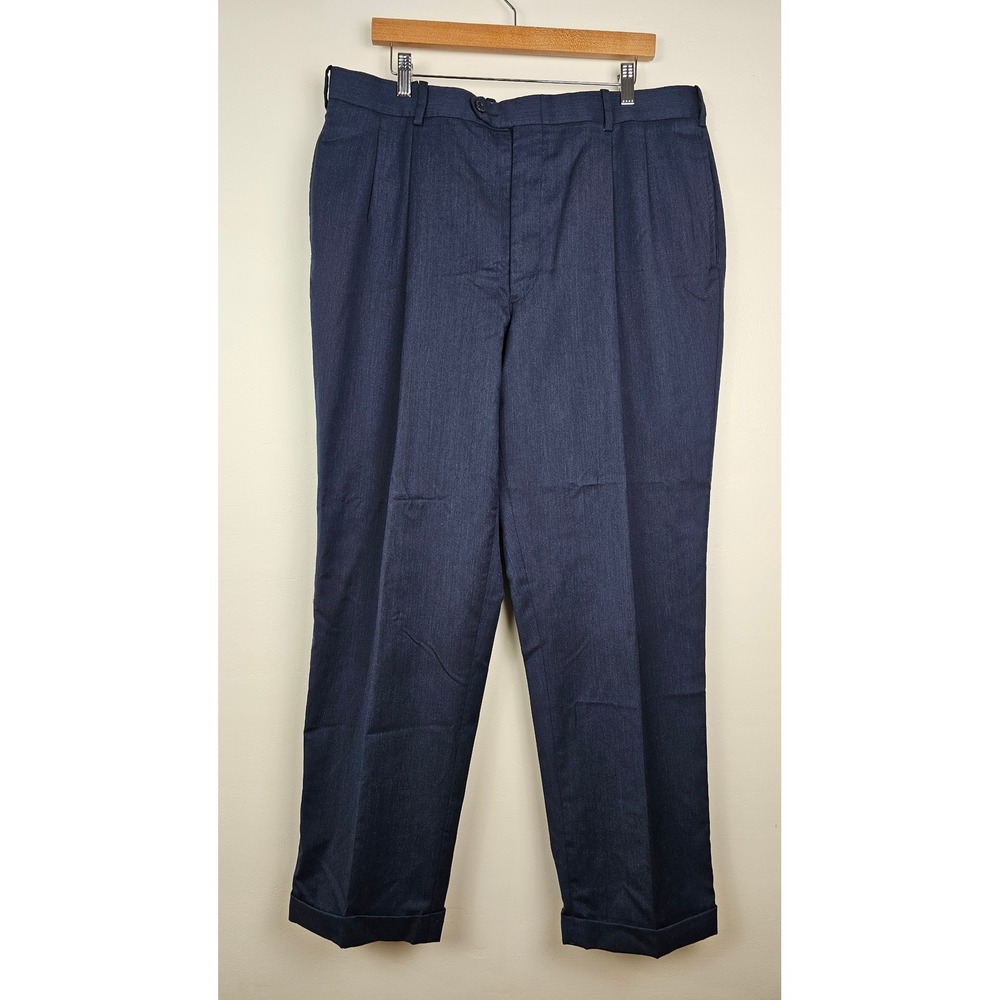 Tom James Dress Pants Mens 38R Blue Wool Pleated Cuffed Professional Formal